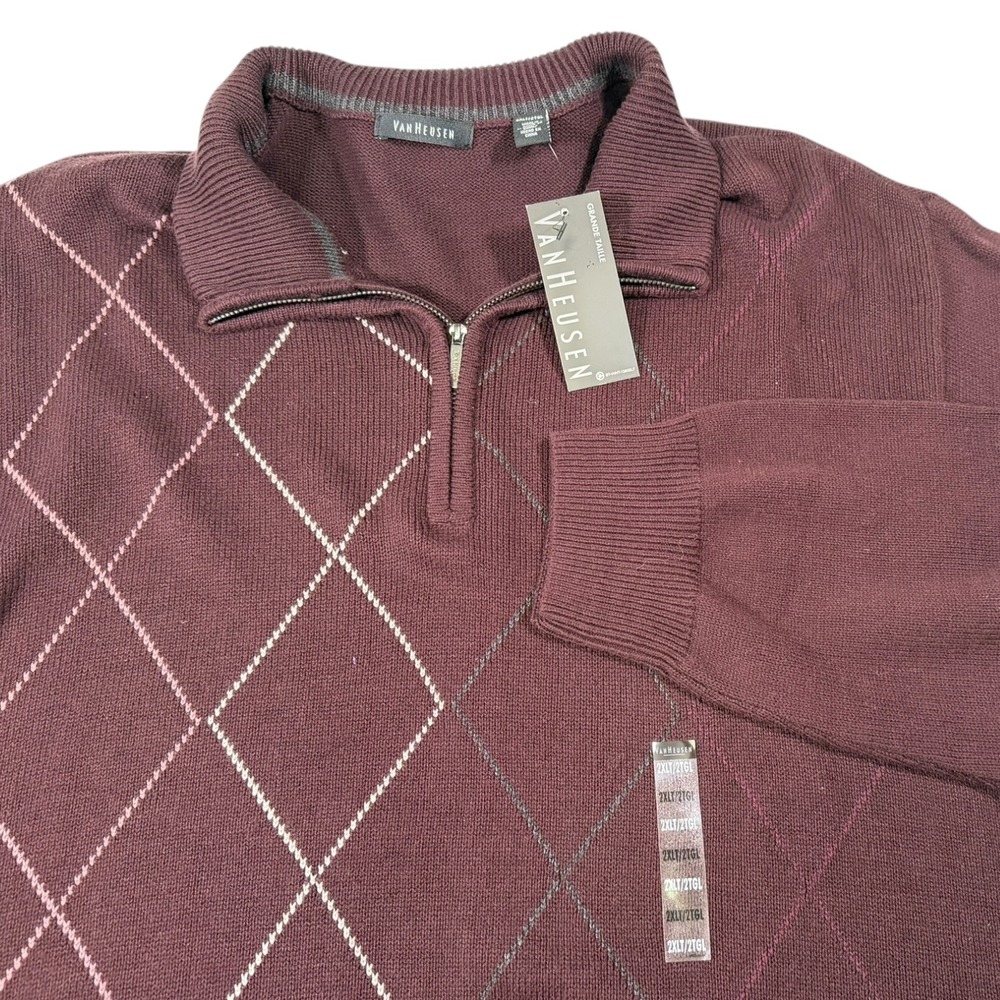 NEW Van Heusen 2XLT Burgundy Argyle Quarter Zip Sweater Preppy Dark Academia
